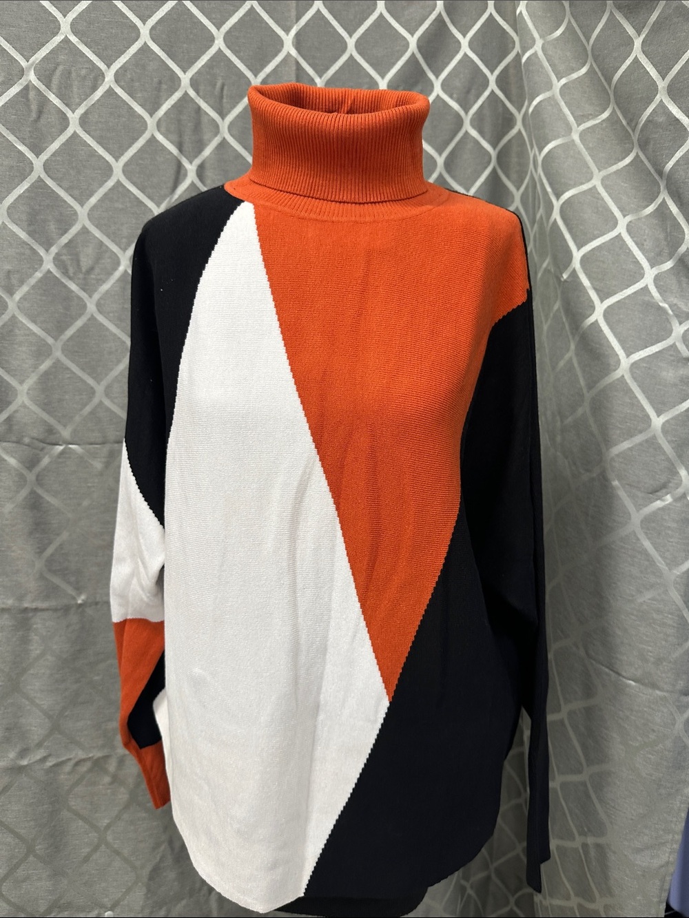 Milano Geometric Colorblock Turtleneck Sweater — Orange, Black & White
